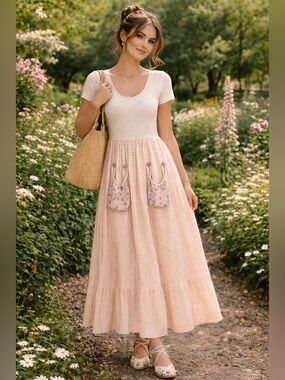VINTAGE 90s Gingham Garden Maxi Dress Sz 6 Pink Cottagecore Picnic